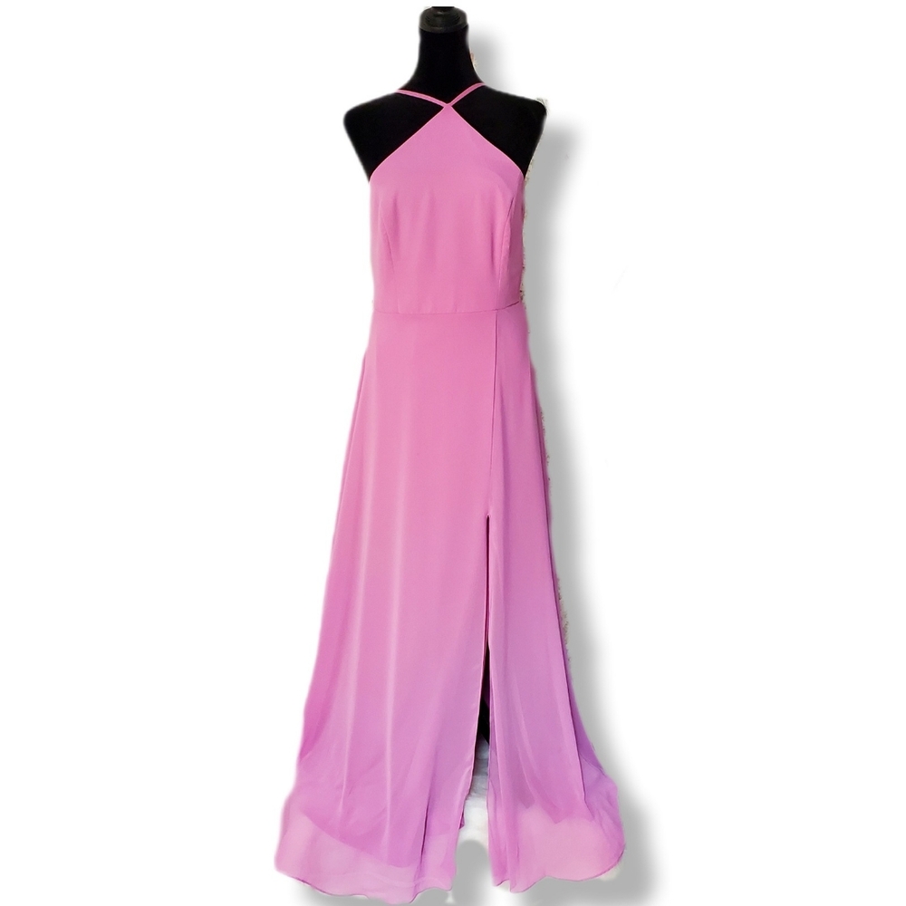 NWT Lovely Chiffon Diamond Halter Adjustable Straps Maxi Dress with Slitโฆ